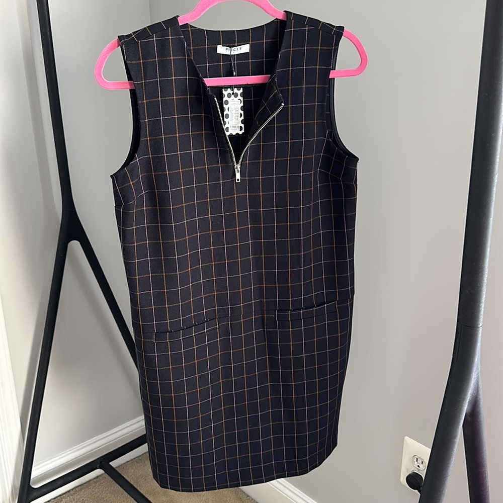 ASOS Navy Blue Black Check Midi Shift Dress with Zip Sz S Office Work